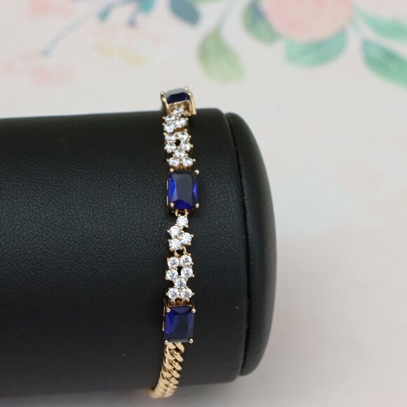 Rose Gold Chain Bracelet with Blue Emerald Cut & CZ, Luxe Contrast Look,XPBL0746 - Picture 6 of 12